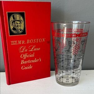 Vintage Red Cocktail Recipe Mixing Glass with Cocktail Guide